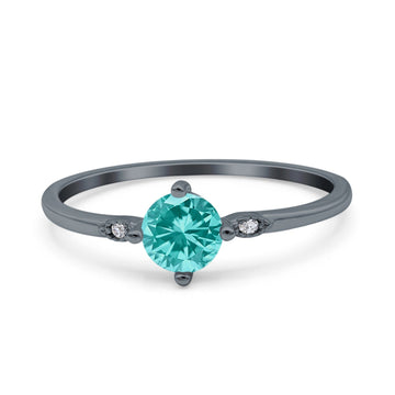Three Stone Art Deco Engagement Ring Round Black Tone, Simulated Paraiba Tourmaline CZ 925 Sterling Silver